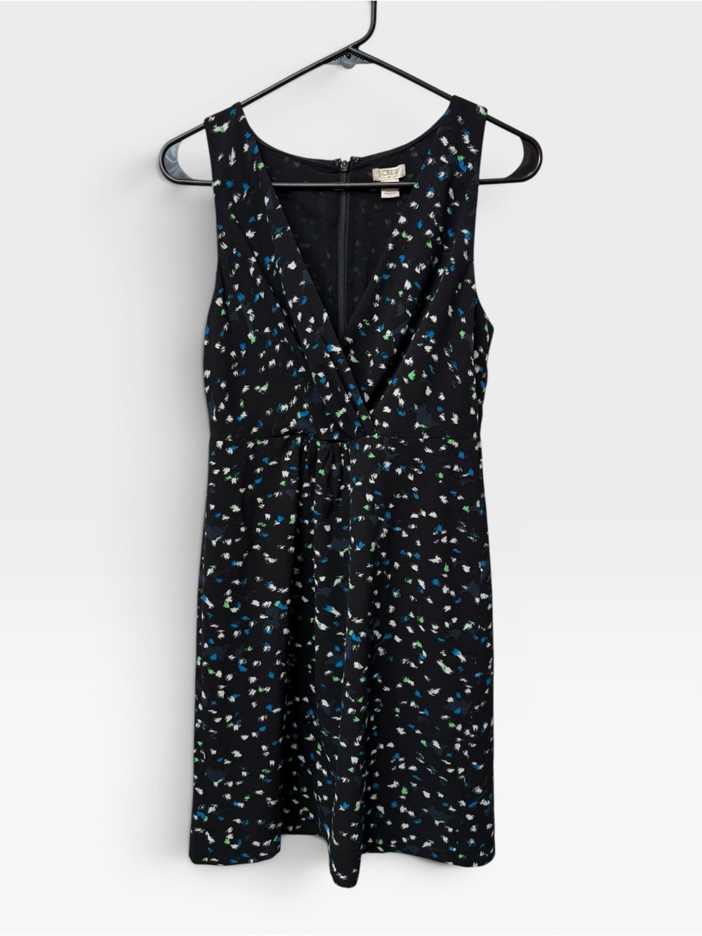 J. Crew Black Sleeveless V-Neck Midi Dress with Blue & Green Floral Print